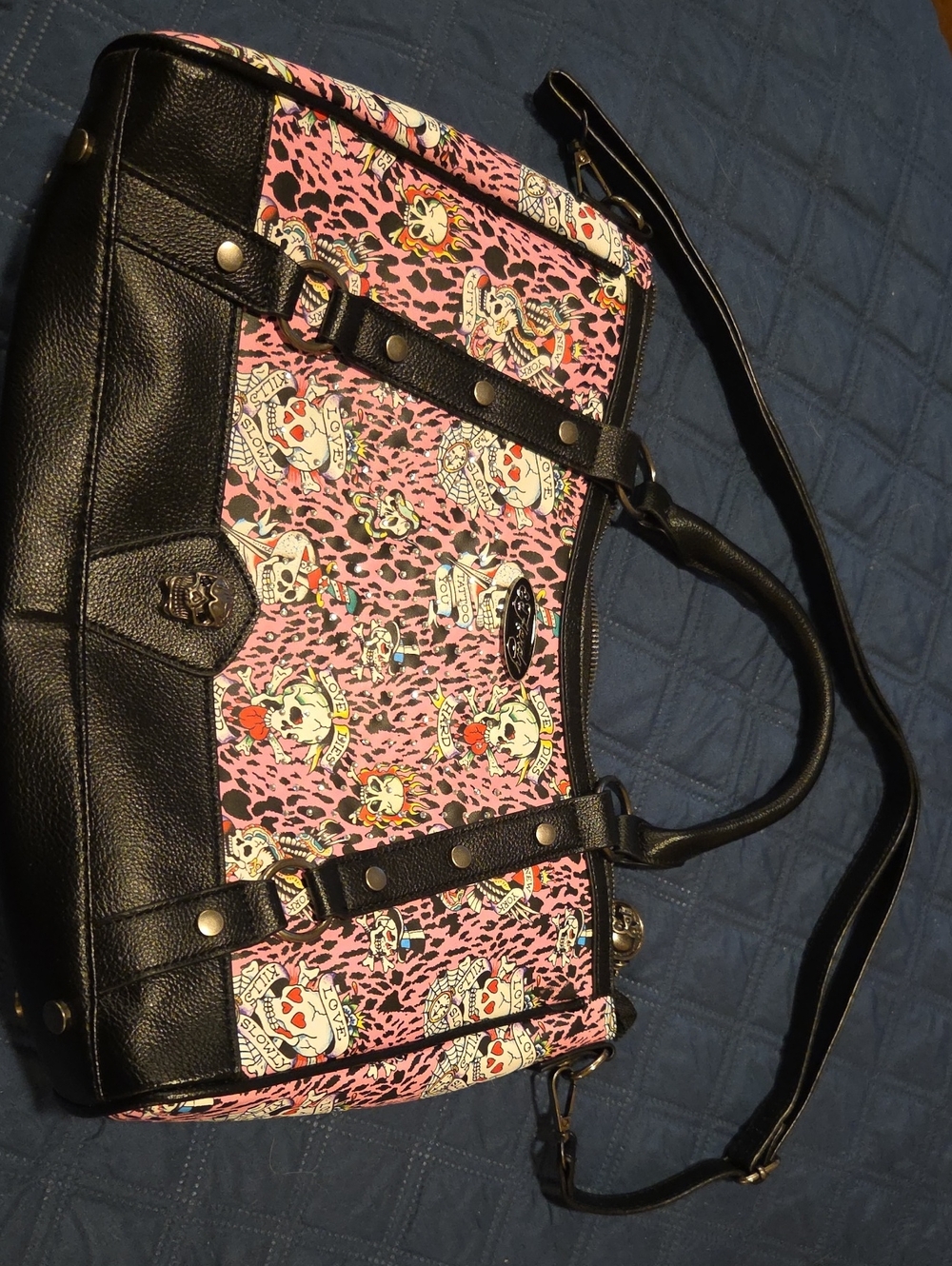 Ed Hardy Black, Pink, White Skull Shoulder Bag with Dazzle